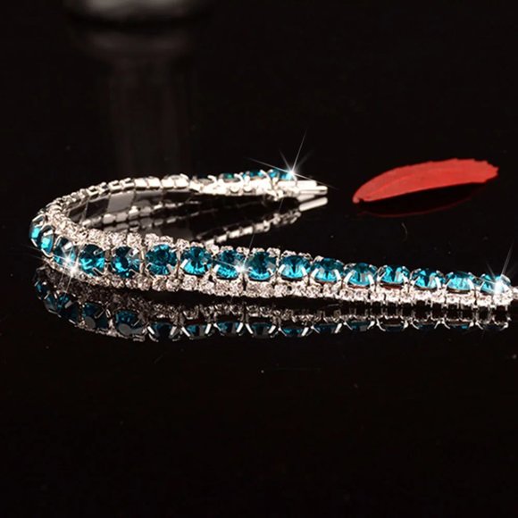 Prom Pageant Bridal Jewelry - Blue Crystal & White Rhinestone Petite 6" Bracelet